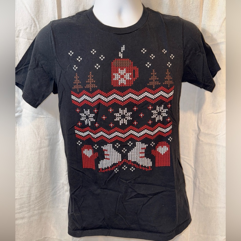Shirt.Woot! Ugly Christmas Sweater T-shirt Black Size Small Ice Skates Cocoa